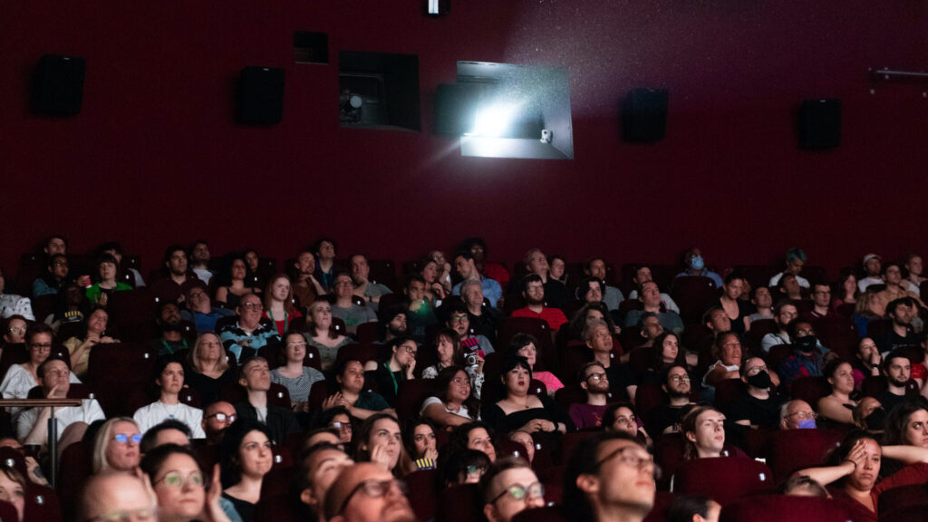 Full theater audience at a screening of Bodies Bodies Bodies at the Sundance Film Festival London 2022